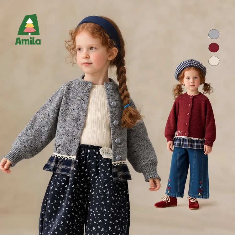 Amila啊咪啦2025秋季绵羊毛拼接裙边女童毛衣针织小开衫XQ5MY717