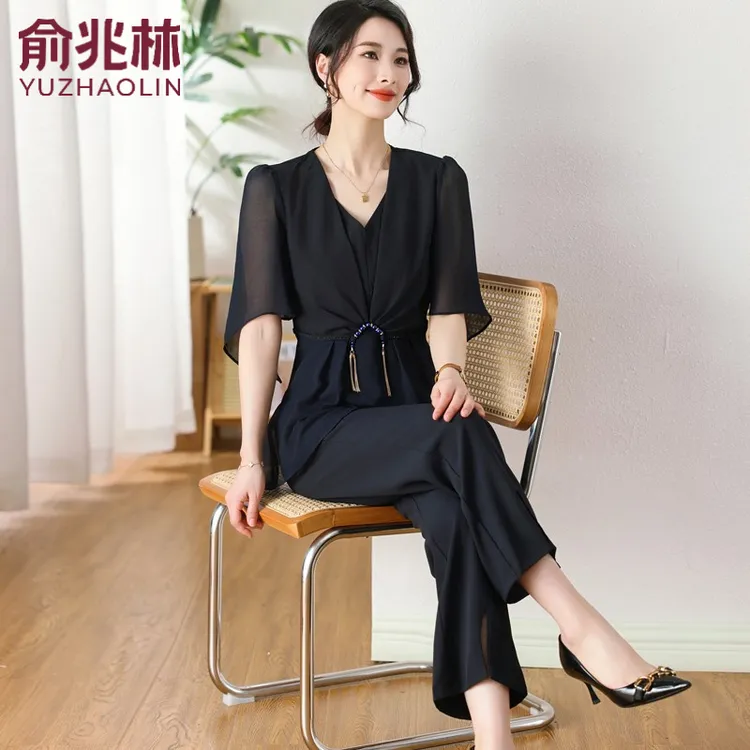 俞兆林妈妈夏季雪纺气质套装40岁50中老年女短袖时尚雪纺两件套20