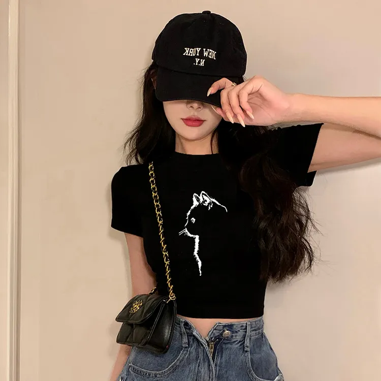 黑色短款猫咪印花短袖t恤女正肩夏季辣妹修身显瘦小个子露脐上衣