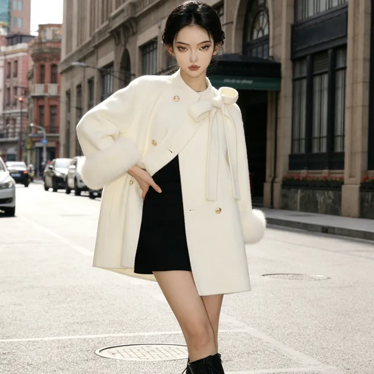 设计感斗篷毛呢外套女冬季新款小香风蝴蝶结双面羊毛大衣加厚上