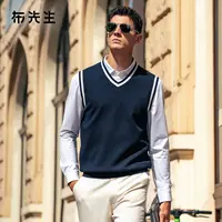 Mr.Bu布先生亲肤无袖毛衫领口撞色条纹设计秋季V领男上衣BT16968