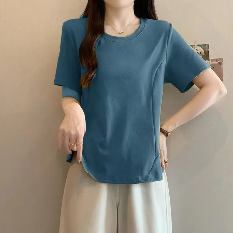 高级感收腰荷叶边短袖T恤女夏季大码胖妹妹百搭气质显瘦别致上衣