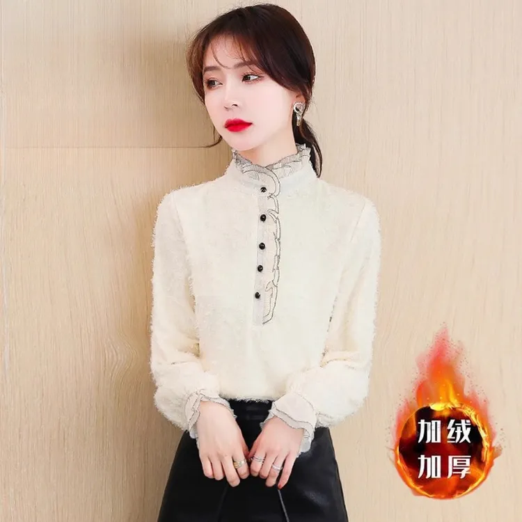 拉夏贝尔法式木耳立领蕾丝衬衫女秋季新款加绒加厚内搭打底衫洋气