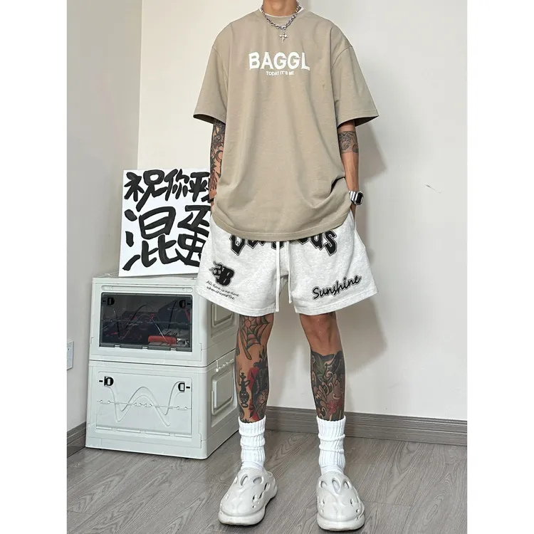 美式hiphop嘻哈高街风字母印花五分抽绳短裤男ins潮牌休闲运动裤