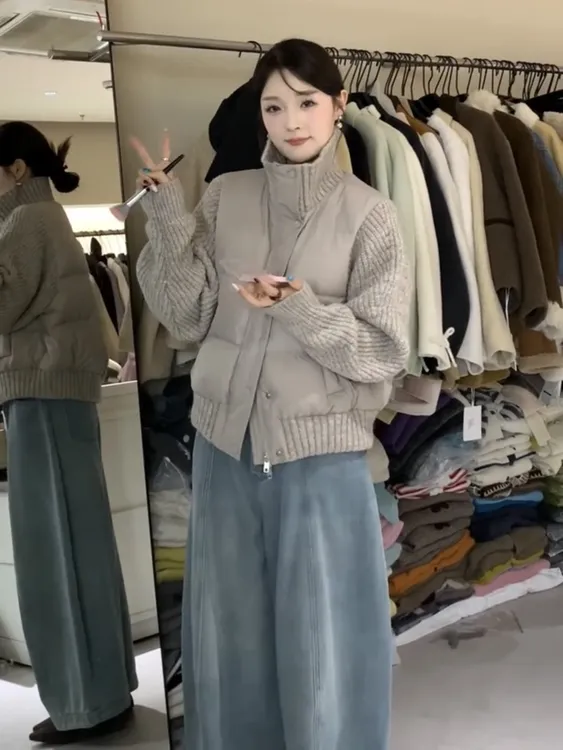 韩系针织毛衣拼接立领棉服外套女冬轻薄小个子宽松百搭保暖面包服