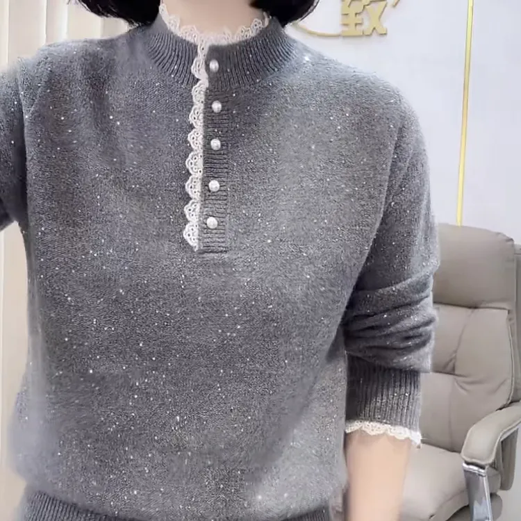 重工蕾丝边荷叶领安迪绒保暖毛衣长袖细闪亮片时尚毛衣百搭2026