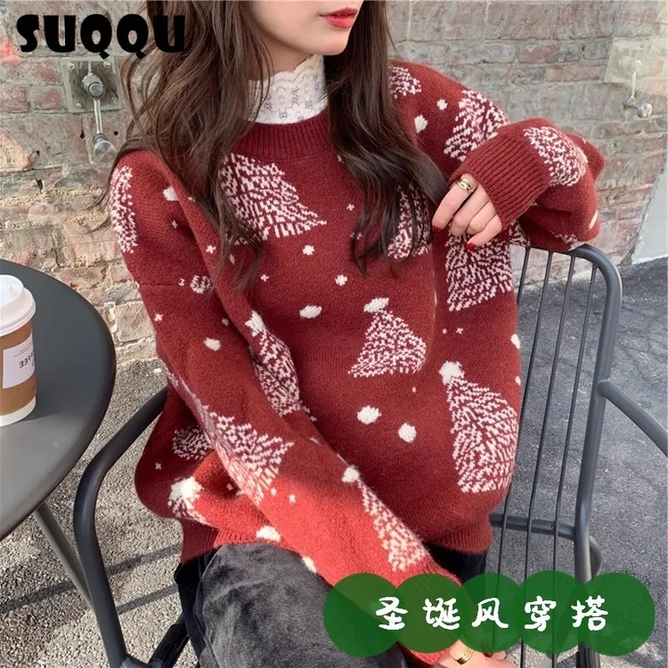 莲叶圣诞节穿搭毛衣显瘦圆领新年保暖针织衫宽松加厚长袖外穿韩版