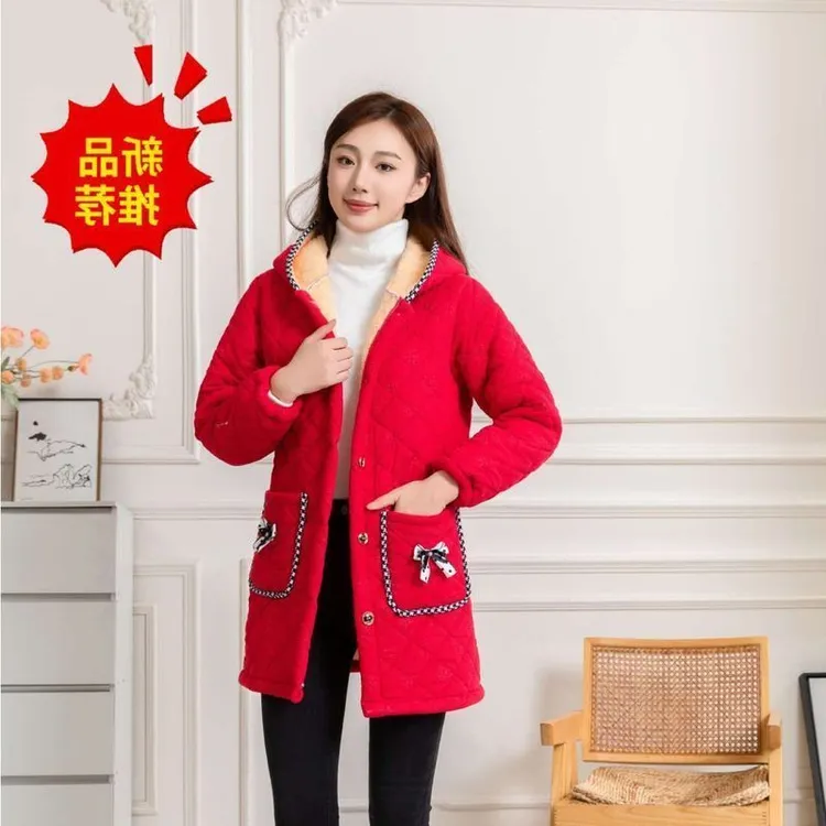 宽松冬季棉服加厚耐脏新款夹棉中长款三层家居服保暖外套加绒外