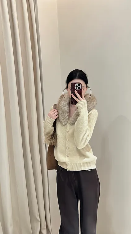 修身型女宽松型针织长袖毛针织衫保暖秋冬开衫毛领