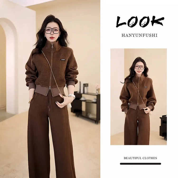 简约休闲风套装女2025年冬季新款纯色双拉链外套阔腿裤显瘦两件套