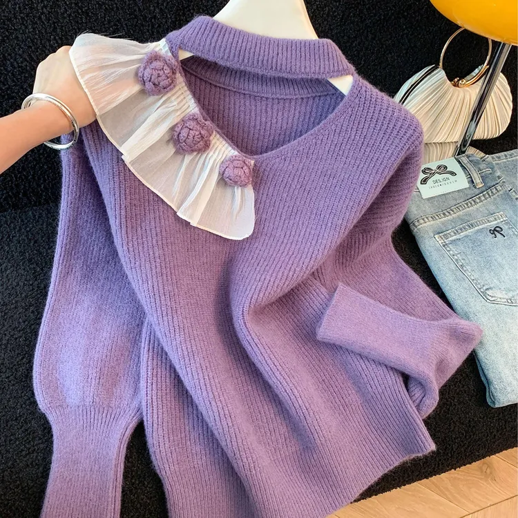 法式立体花朵拼接毛衣女秋冬巨好看宽松蝙蝠袖针织衫外穿厚款上衣