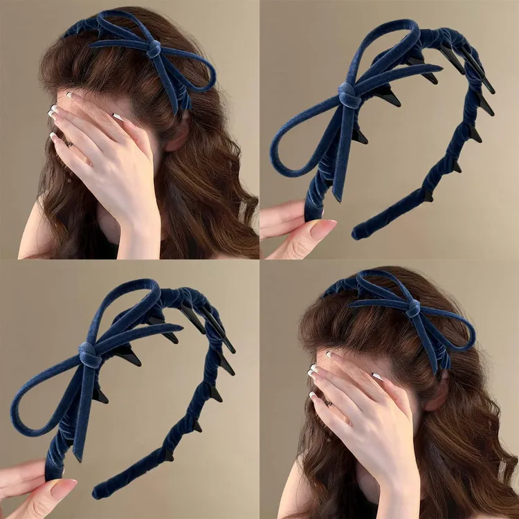 深蓝晚宴~复古丝绒蝴蝶结发箍高级感优雅气质带齿高颅顶头箍发饰