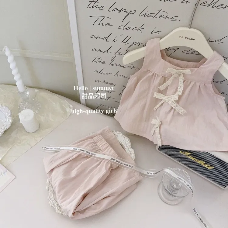 女童夏季新款套装女宝宝蝴蝶结无袖上衣休闲九分裤两件套