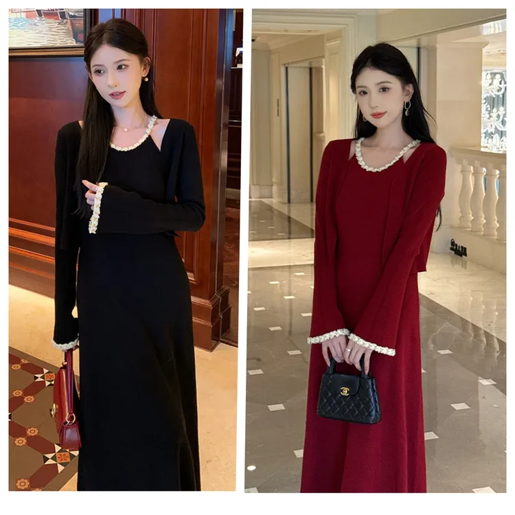 【巴黎诗集】显瘦安迪绒针织开衫吊带连衣裙套装黑色气质法式S11179