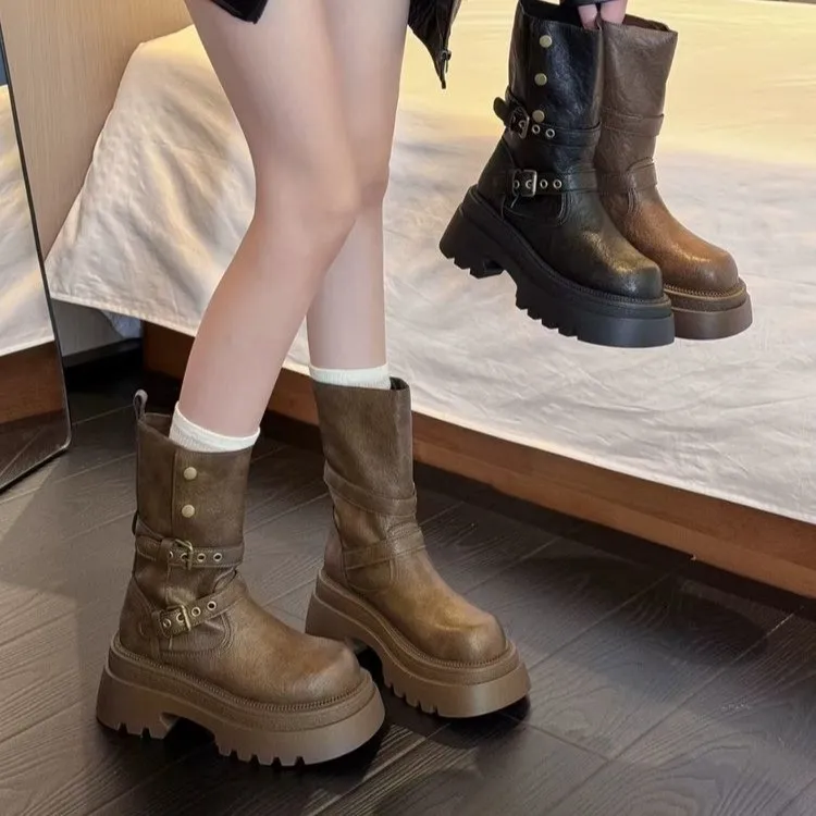 厚底马丁靴女2025秋季新款百搭英伦风皮带扣短靴小个子增高骑士靴