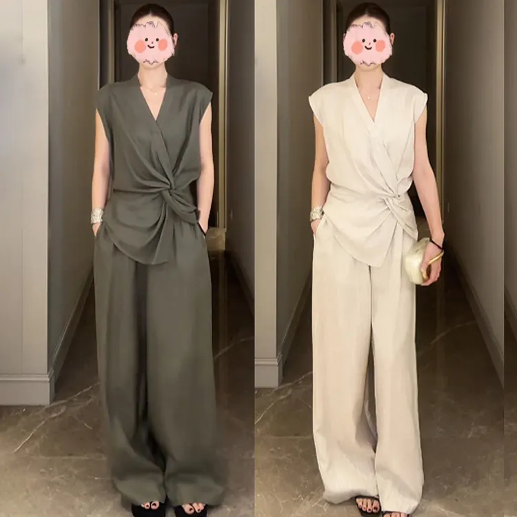 夏季时尚气质显瘦小众设计感套装宽松百搭上衣+高腰休闲裤两件套