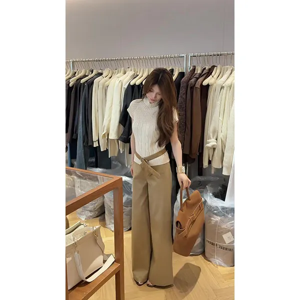 白色高领针织正肩背心女2025秋韩系气质御姐风高级感上衣裤子套装