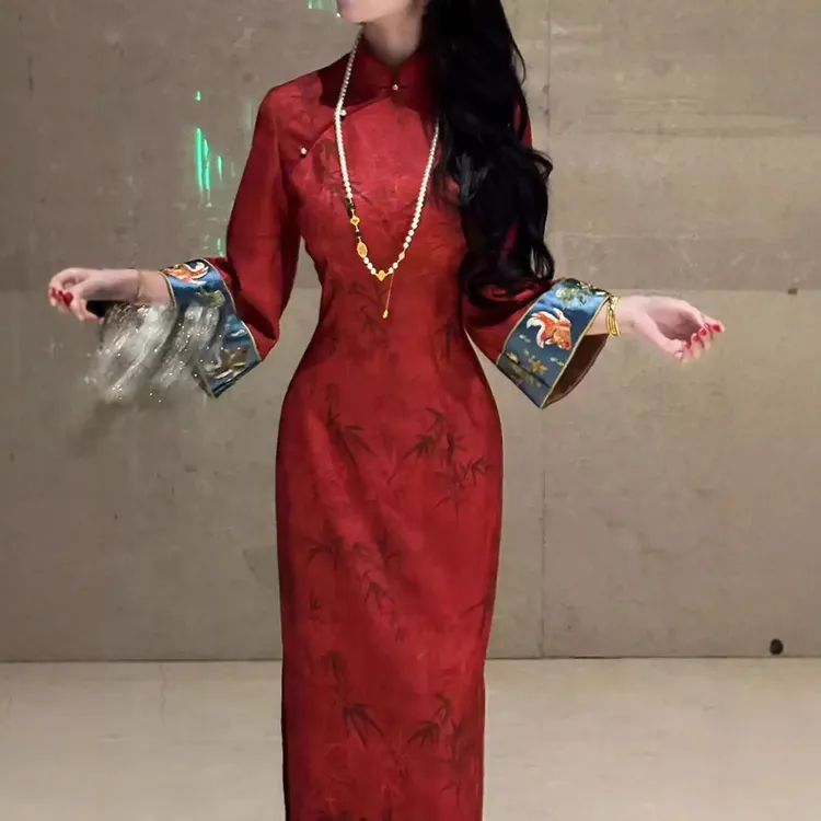 连衣裙高级旗袍裙提花红温柔改良版显白超气质...加绒加厚竹叶