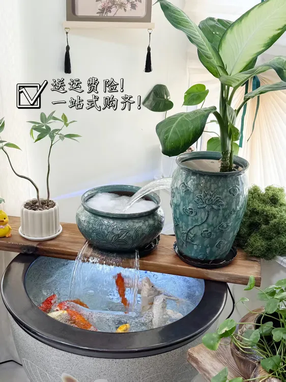 瀑布流水罐古法养鱼流水摆件循环水生态鱼缸室外庭院景观造景养鱼
