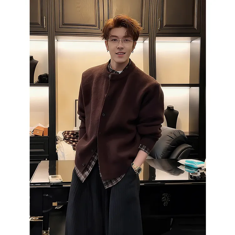 老钱风假两件格子拼接针织毛衣男款秋冬美拉德穿搭高级感开衫外套