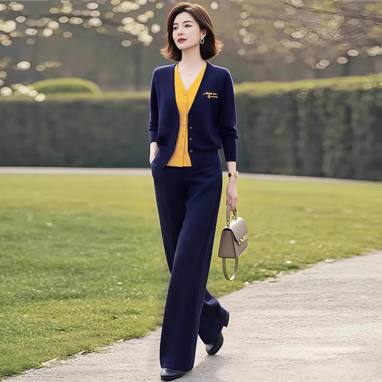 时尚休闲套装女2025春秋新款撞色假两件长袖开衫直筒阔腿裤两件套