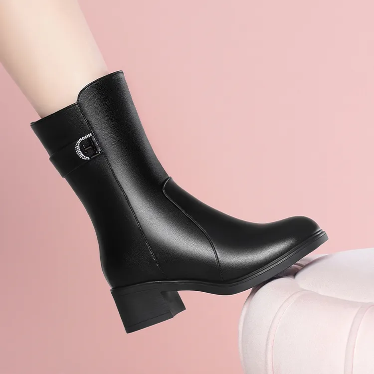 一件代发粗跟皮靴软底中靴保暖棉靴女靴冬季妈妈鞋加绒软皮中筒靴