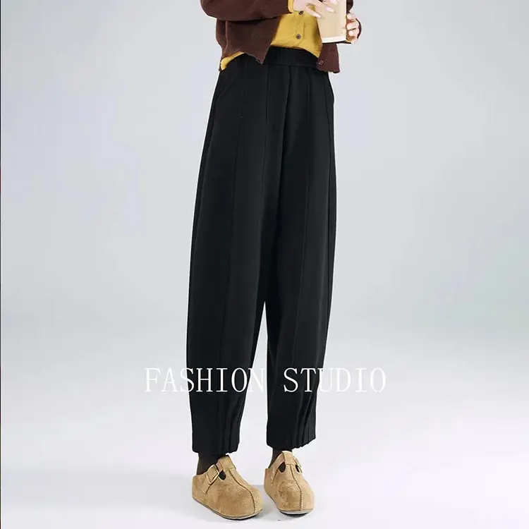 加绒加厚毛呢灯笼女秋冬高腰垂感呢子镰刀裤休闲哈伦奶奶萝卜裤