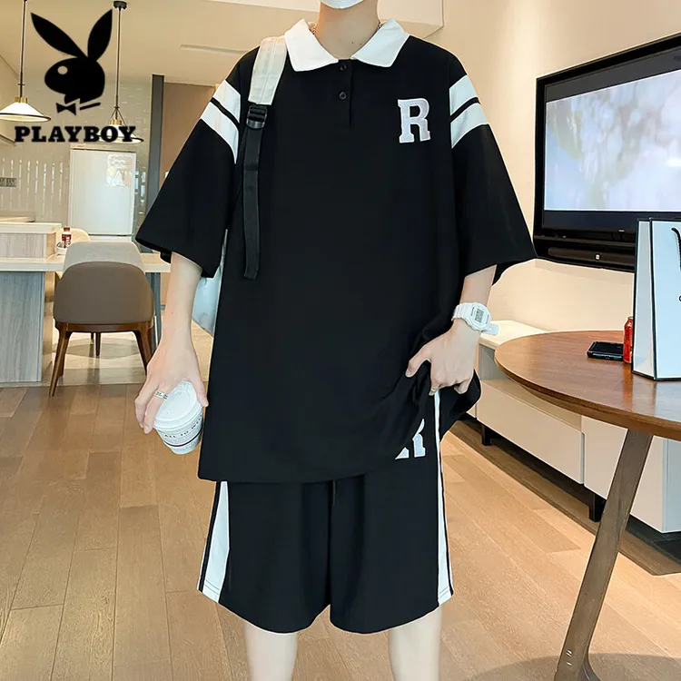 花花公子polo衫短袖t恤男夏季休闲运动套装t恤男帅气穿搭一整套