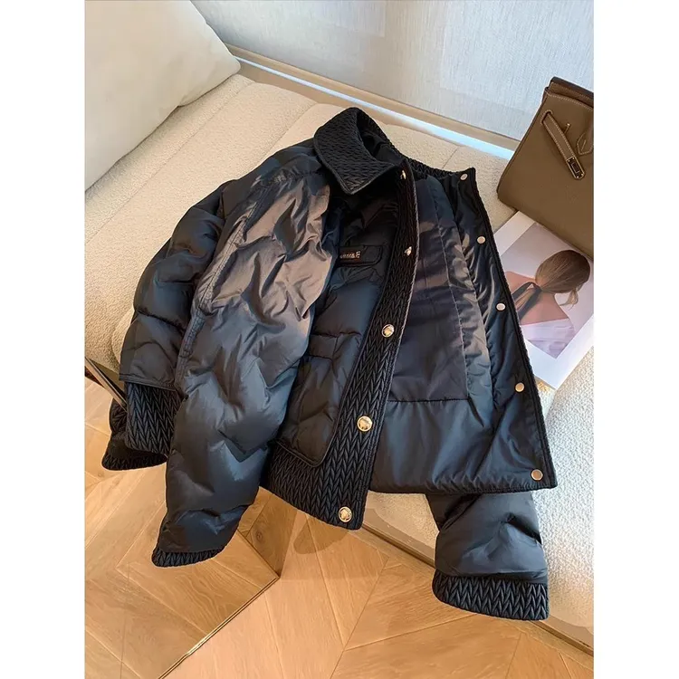 韩版时尚拼接设计感黑色POLO领棉服外套女秋冬季小众显瘦宽松棉衣