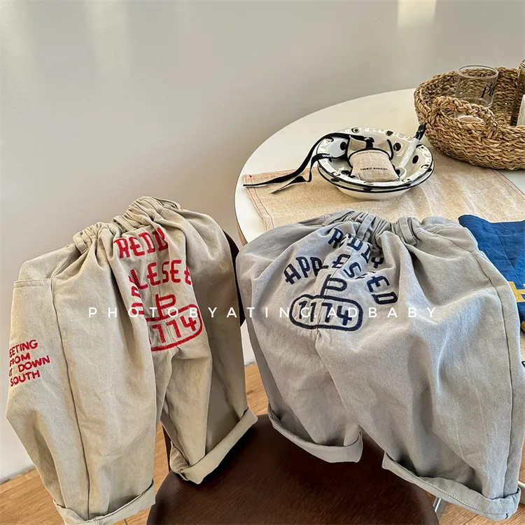 2025春季童装 儿童韩版春款刺绣直筒裤长裤男童女童春装裤子