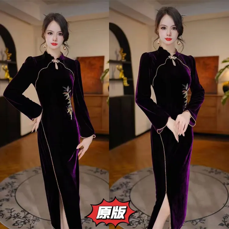 【紫韵流霞】高档丝绒时尚旗袍连衣裙2025秋季新款显瘦洋气轻奢裙子