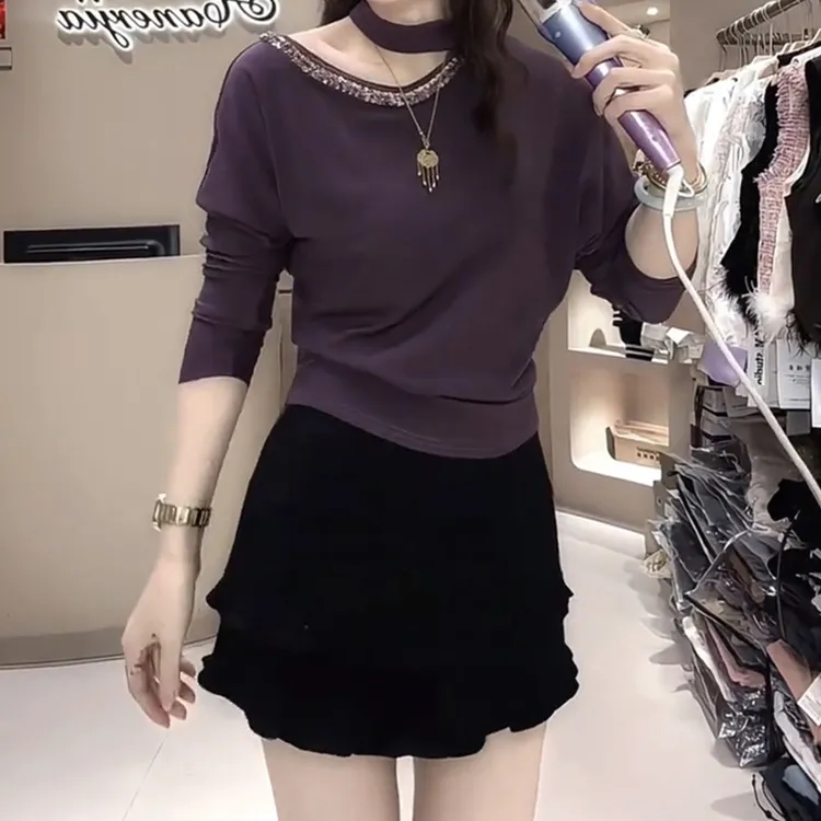 时尚小众挂脖设计感露肩长袖T恤女2025秋季新款洋气百搭显瘦上衣