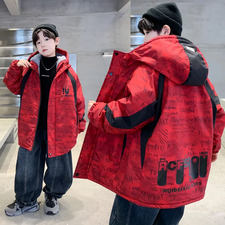 冬季新款加绒加厚棉衣男童青少年学生帅气外套潮流连帽保暖派克服