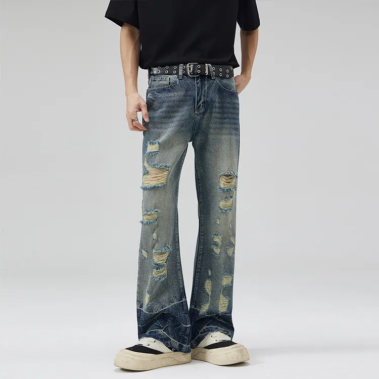 2025春夏新款美式水波纹水洗破洞牛仔裤男直筒微喇叭高街毛边长裤