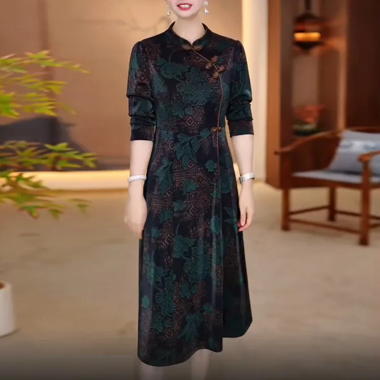 新中式印花连衣裙女秋季2025新款修身显瘦复古国风妈妈装a字裙潮