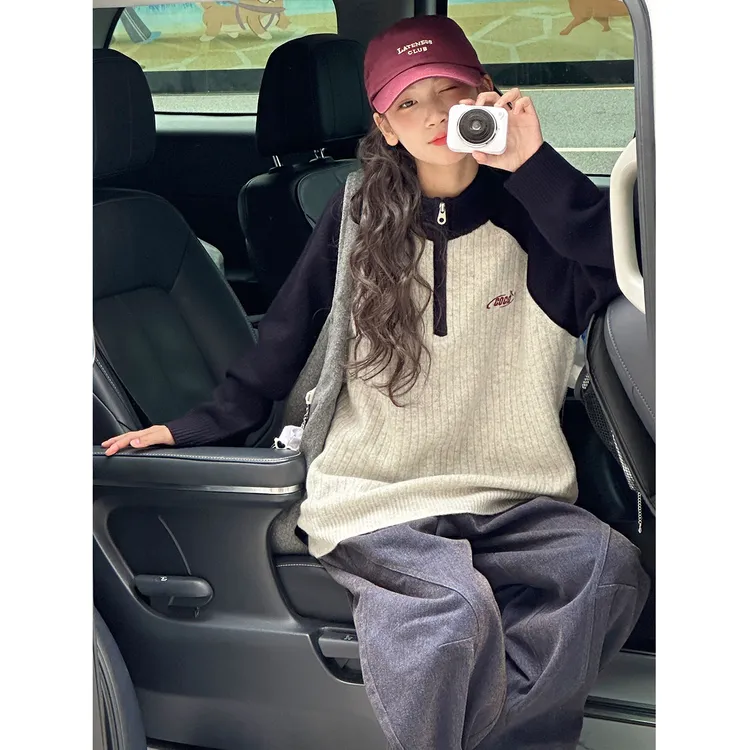 K29898孙小美撞色半拉链女童秋冬装毛衣2025新款儿童针织衫上衣服