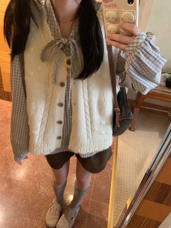 日系百搭蝴蝶结格子衬衫外套女2025新爆款早秋季韩系穿搭上衣