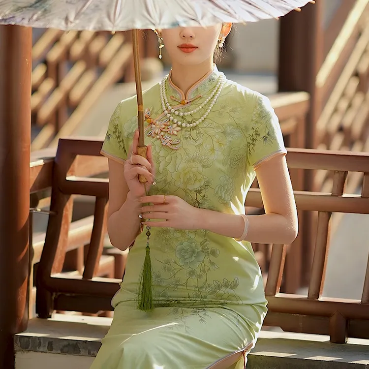 手工旗袍55328 金吴针全开襟旗袍棉质气质复古优雅显瘦长款日常夏