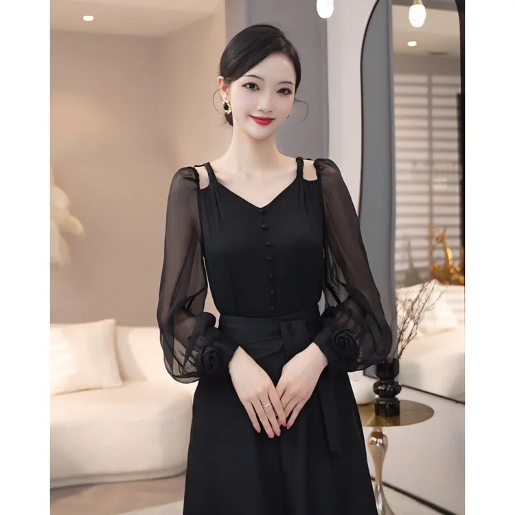 现货2026春夏新款【ZM24-C368】气质法式小众黑色镂空设计感上衣