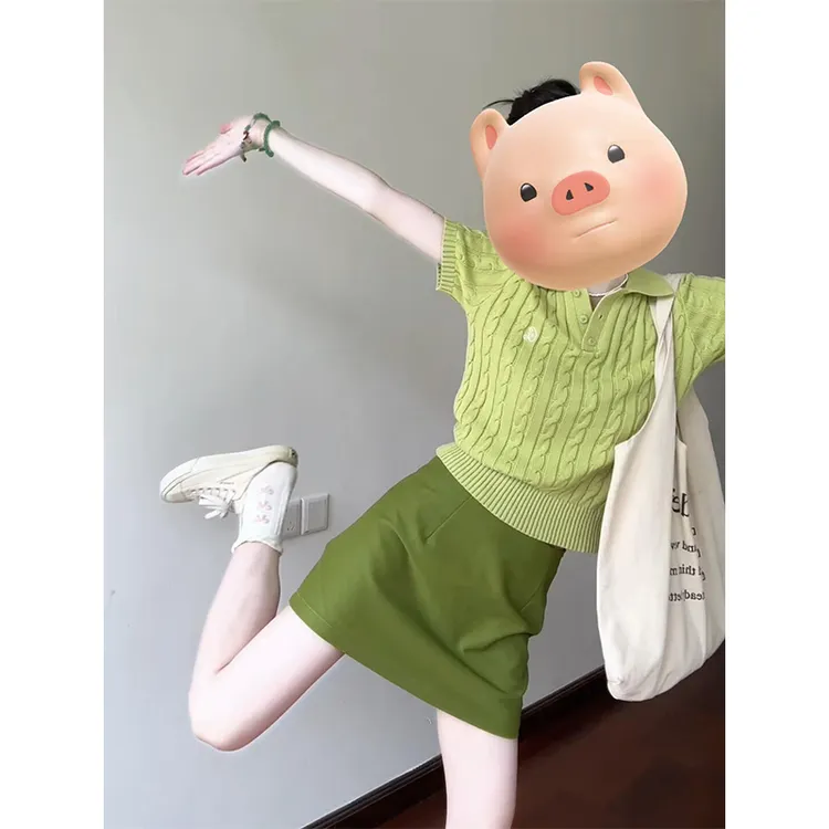 夏季翻领针织短袖上衣小个子高腰a字包臀裙半身裙多巴胺穿搭衣服