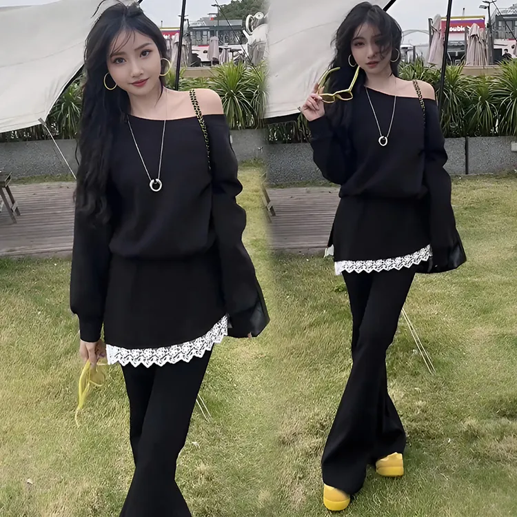 官图 韩系时尚运动套装女设计感蕾丝拼接露肩卫衣高腰显瘦阔腿裤