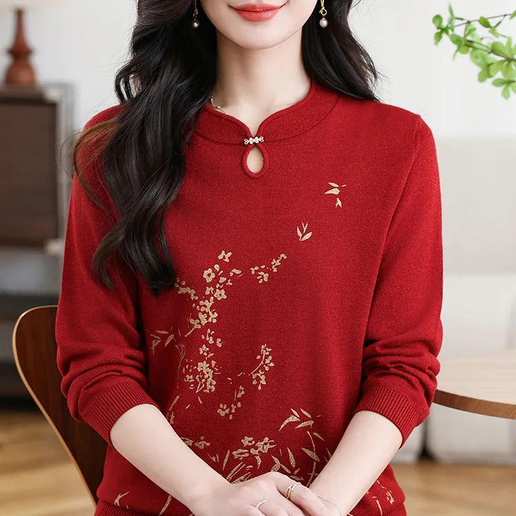 洋气旗袍领婚礼妈妈春秋装红色喜庆打底上衣中老年女T恤薄款小衫