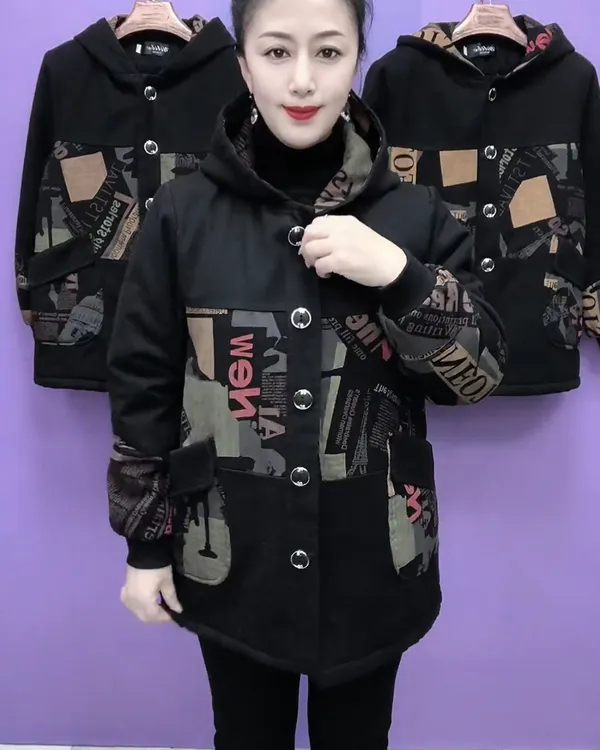 冬季保暖时尚拼接中长款印花连帽棉衣外套中老年妈妈装清单