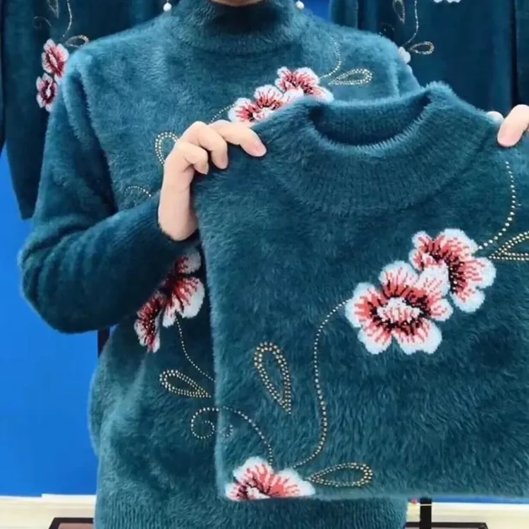 【加绒加厚】【起球包退】秋冬半高领水貂绒针织打底衫中老年女装