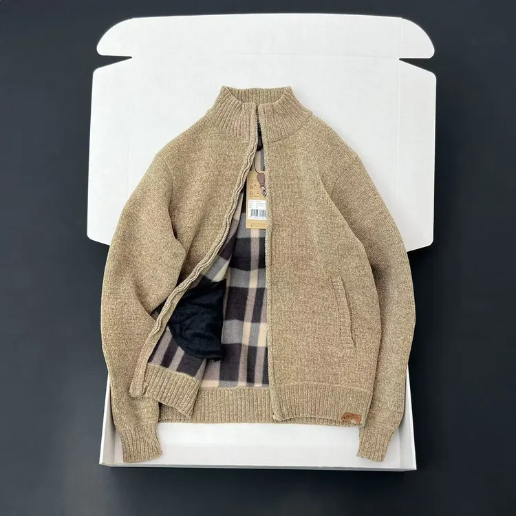美单牛货 格子暖绒 男士立领加绒加厚保暖针织衫开衫