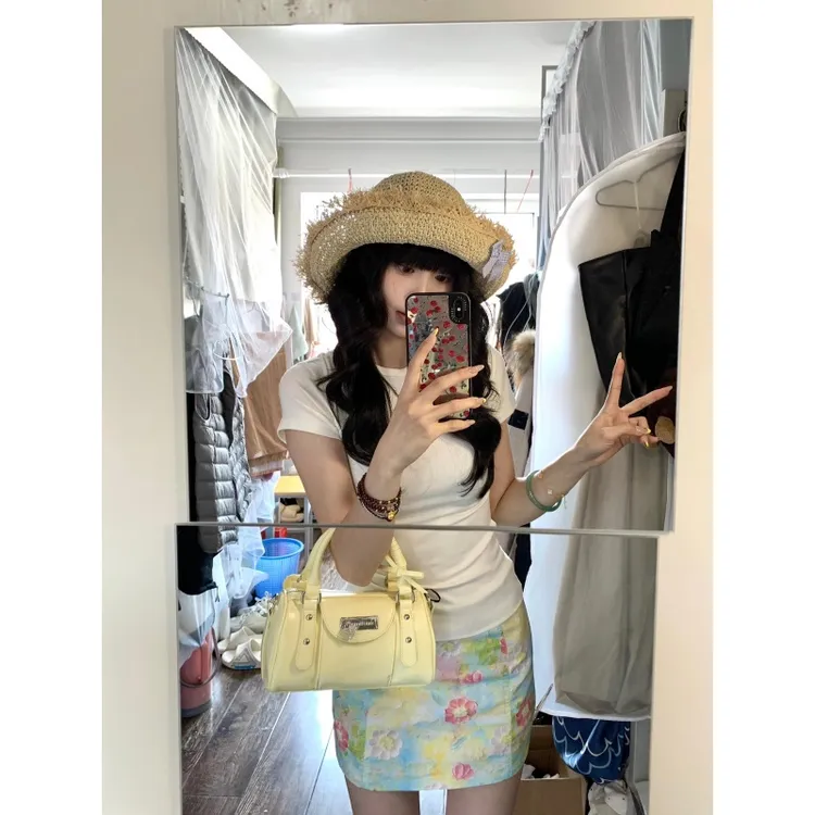 INS CEC辣妹风圆领正肩时尚短袖T恤女纯色百搭上衣气质包臀裙套装