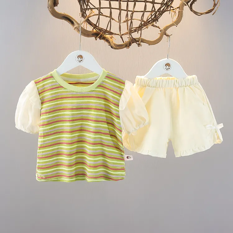 女宝宝条纹短袖夏装休闲短裤两件套夏季女童薄款洋气小女孩套装潮