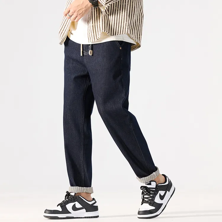 高端经典原色宽松直筒牛仔裤男2025秋季新款条纹翻边设计感休闲裤