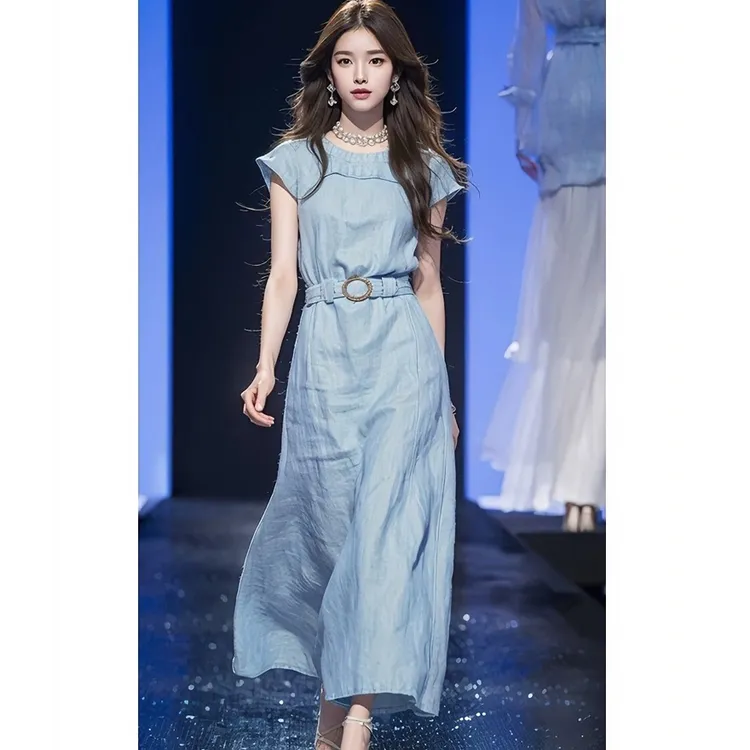 超好看别致绝美奶fufu温柔风长裙2025夏仙女法式桔梗蓝色连衣裙子