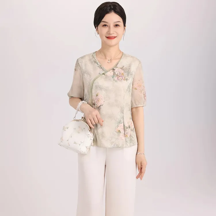 妈妈装国风印花复古小衫斜襟气质洋气夏季中式宽松两件套